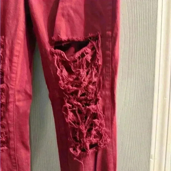 Aphrodite distressed flare leg with raw hem high waisted jeans in burgundy Junio - Picture 4 of 9